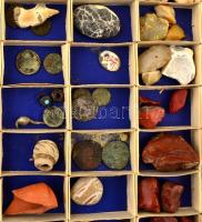 Kovaásvány és régészeti lelet gyűjtemény, kb. 200 db, vitrinbe rendezve