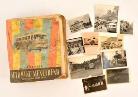 Autóbuszok tétele, különféle időpontokban és eltérő helyszíneken készült 8 db vintage fotó + 2 db vintage negatív (a pozitív képek és negatívok nincs összefüggés), 6x6 cm és 9x12 cm + hozzáadva egy 1967-es országos autóbusz menetrendet, ennek borítója tisztítást igényel, a 705 belső oldal információs értéke jól használható