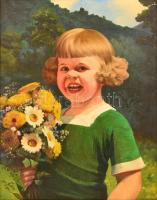 Nicklas jelzéssel: Kislány virágcsokorral. Olaj, karton, keretben, 55×43 cm