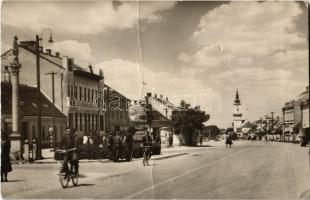 1955 Malacka, Malacky; utcakép, kerékpárosok, templom / street, man on bicycles, church (fa)