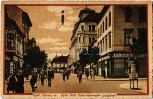 1918 Győr, Baross út, Győri Első Takarékpénztár épülete, Schöpf István, Brandstein, Grünwald üzlete, hirdetőoszlop (EK)