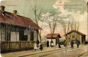 1906 Szigetszentmiklós, Vasútállomás, vasutasok. Kiadja Vértes Lajos (kopott sarkak / worn corners)