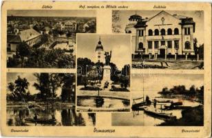 Dunavecse, látkép, Református templom és Hősök szobra, emlékmű, Székház, Duna, csónakok (EB)