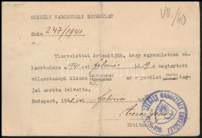 1941 Bp., Székely Hadosztály Egyesület által kiállított tagfelvételi értesítő