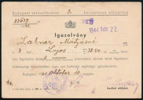 1941 Bp., Budapest székesfőváros 3. kerületének elöljárója által kiállított igazolvány