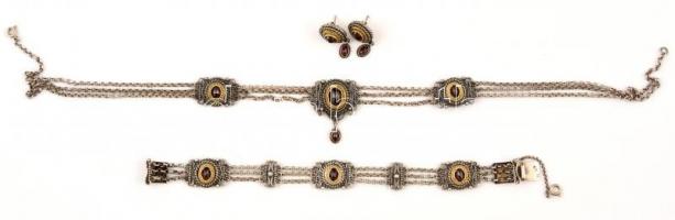 Ezüst(Ag) ékszerszett, nyaklánc, karkötő, fülbevaló, jelzett, bruttó: 41,4 g