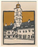 Kós Károly (1883-1977): Templom, színes linómetszet, papír, jelzés nélkül, paszpartuban, 14,5×11,5 cm
