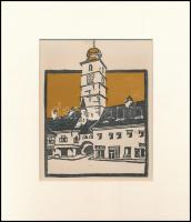 Kós Károly (1883-1977): Templom, színes linómetszet, papír, jelzés nélkül, paszpartuban, 14,5×11,5 c...