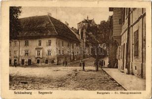 1923 Segesvár, Schässburg, Sighisoara; Burgplatz, Ev. Obergymnasium / utca, Evangélikus gimnázium. Kiadja E. Fischer utóda / street, Lutheran high school (kis szakadás / small tear)