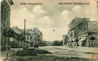 Nagykároly, Carei; Calea Victoriei / Széchenyi utca, üzletek. Taub hírlapiroda kiadása / street view, shops (kopott sarkak / worn corners)