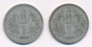 Ausztria 1893-1894. 1K Ag "Ferenc József" (2xklf) T:2-,3 Austria 1893-1894. 1 Corona Ag &q...