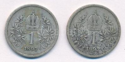 Ausztria 1893. 1K Ag "Ferenc József" (2x) T:2- Austria 1893. 1 Corona Ag "Franz Josep...