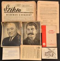 cca 1949-1950 Vegyes papírrégiség tétel, szocialista témában, 8 db.  A Párt vezeti az Ifjúsági Szövetséget. 1. szám. Bp., é.n.,(cca 1950), Magyar Ifjúság Népi Szövetsége Oktatási Osztálya,(Athenaeum-ny.), 28 p. Papírkötés.  1950 Magyar-Szovjet Társaság Tájékoztató. II. évf. 9. sz. Magyar-Szovjet Barátság Hónapja, 1950 febr-márc.   1950 Fűszerértékesítő Nemzeti Vállalat - Szabadságharcos Szövetség üzemi szervezetének szabadságharcos estélyének meghívója, hajtásnyommal.   1949 Orsai Csomópont (Konstantin Zászlonov) film prospektus. Bp.,Globus-ny.  Tájékoztató a sztahanovista cím elnyerésérének feltételeiről, 4 p.  1949 Szikra. Ifjúmunkás lap. II. évf. 52. sz., szakadozott, foltos.  Rákosi Mátyás, és Sztalin fotók, 2 db, foltosak, sérültek, rossz állapotban, 24x18 cm.