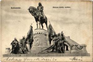 Kolozsvár, Cluj; Mátyás király szobor. Kiadja Schuster Emil / Statuia lui Mateiul Corvinul / Mathias Rex statue, Matthias Corvinus (kopott sarkak / worn corners)