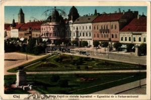 1929 Kolozsvár, Cluj; Piata Unirii cu statuia luopaicei / Egyesülési tér a Farkas szoborral, üzletek, bank / square, statue, shops, bank (EK)