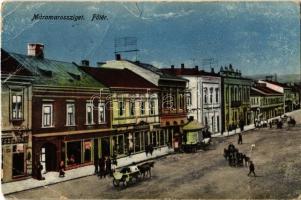 Máramarossziget, Sighetu Marmatiei; Fő tér, Gyógyszertár, üzletek / main square, pharmacy, shops (non PC) + 1940 Máramarossziget visszatért So. Stpl. (szakadás / tear)