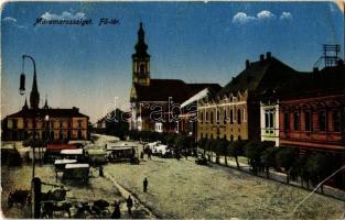 1917 Máramarossziget, Sighetu Marmatiei; Fő tér, piaci árusok, templom. Kiadja Berger Miksa / main square, market vendors, church (EB)