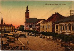 Máramarossziget, Sighetu Marmatiei; Fő tér, piaci árusok, templom. Kiadja Berger Miksa / main square, market vendors, church (vágott / cut)