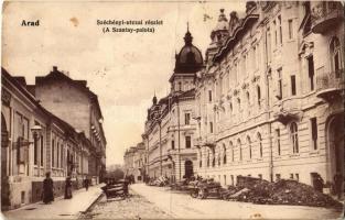 1908 Arad, Széchenyi utca, Szantay palota, Szirmai és Társa üzlete, Leopold Adolf irodája. Kiadja Kerpel Izsó 748. / street view, palace, shops, office (fa)
