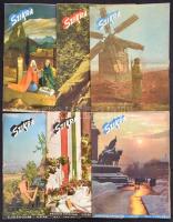 1943-1944 Szikra folyóirat 6 száma, I. évf. 4.,8-10. sz. és II. évf. 1-2. sz. Gazdag képanyaggal illusztrált, hajtásnyommal, szakadásokkal.