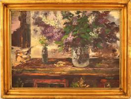 Mészáros jelzéssel: Asztali csendélet. Olaj, farost, keretben, 50×70 cm