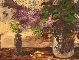 Mészáros jelzéssel: Asztali csendélet. Olaj, farost, keretben, 50×70 cm