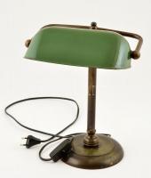 Zománcozott fém burás réz asztali (bank) lámpa, zsinórral, zománchibákkal, m: 35 cm