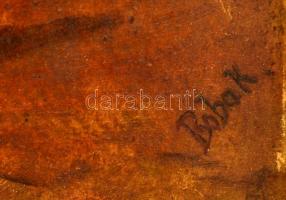 Bobak jelzéssel: Kunyhó előtt. Olaj, karton, fa keretben, 20×28,5 cm