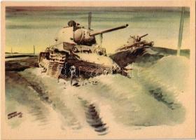 Abgeschossene Sowjetpanzer vor Bely-Werch. Erich Gutjahr Bildverlag. Bestell-Nr. 80. / WWII German military art postcard, destroyed Soviet tank s: Hermann Schneider