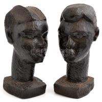 Afrikai faragott női és férfi fej, fa, 2 db, m: 22,5 cm