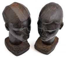 Afrikai faragott női és férfi fej, fa, 2 db, m: 22,5 cm