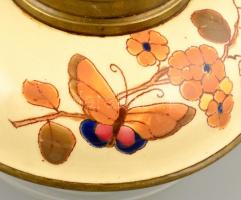 cca 1880 Petróleumlámpa részek réz szerelékkel  (2 db), kézzel festett porcelánfajansz, jelzés nélkü...