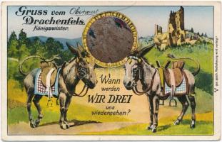 1938 Drachenfels, Königswinter; Wann werden wir drei uns wiedersehen? / humorous postcard with donkeys and mirror (EK)