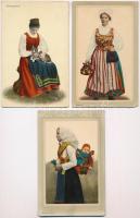 3 db RÉGI svéd népviseletes motívumlap / 3 pre-1945 Swedish folklore motive postcards