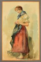 Jelzés nélkül: Merengő lány (cca 1900 ). Akvarell-ceruza, papír-karton, paszpartuban, 40×25 cm