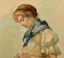 Jelzés nélkül: Merengő lány (cca 1900 ). Akvarell-ceruza, papír-karton, paszpartuban, 40×25 cm