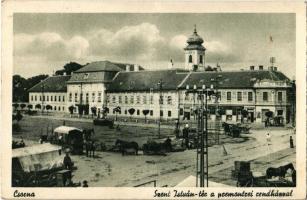 1949 Csorna, Szent István tér a premontrei rendházzal, piaci árusok, Konzum, üzletek