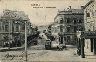 1908 Sopron, Erzsébet utca, Újhelyi ház, villamos. Kiadja Blum N.