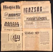 1956 Vegyes 1956-os folyóirat tétel, 15 db, közte: Népakarat I. évf. 3. sz.;Magyar Honvéd I. évf. 6. ,8. sz.; Igazság. I. évf. 8 sz.; Népszava. 77. évf. 3. sz.; Magyar Függetlenség. I. évf. 3. Déli kiadás.,4. sz.; Hétfői Hírlap. I évf. 3. sz.; Népszabadság. I. .évf. 5. Rendkívüli kiadás,7 sz., Esti Budapest. V. évf. 250 sz. (okt. 23.); Magyar Ifjúság. I. évf. 2., 3. sz.; Szabad Nép. XIV. évf. 297 sz.; Irodalmi Újság. VII. évf. 43 sz.; Szabad Nép 1956. nov. 9. (csak a címlap). Bennük a kor, és a forradalom híreivel. Változó állapotban.