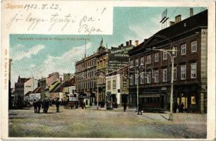 1902 Sopron, Pannonia szálloda és Magyar király szálloda, villamos, Dürböck szobafestő Torna utcai üzletének reklámja egy házfalon. G. Rüger & Co. 8292. (EK)