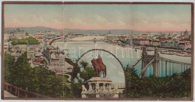 1930 Budapest, Szent István Heti emlék. Három részes kihajtható panorámalap Szent István király szoborral / 3-tiled folding panoramacard (hajtásnál szakadt / torn at fold)