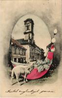 1908 Budapest V. Lipót utca, Az angolkisasszonyok Sancta Maria intézete, Fölsei Kornél a Fekete Kutyához címzett üzletével. Húsvéti montázs báránnyal és tojással. Garai Arthur kiadása (EK)