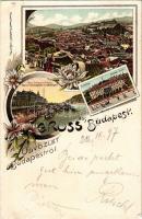 1897 (Vorläufer!) Budapest, Császár fürdő, Ferenc József rakpart, Gellérthegy. Kunstanstalt Rosenblatt Art Nouveau, floral, litho (EK)