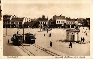 1930 Szombathely, Horváth Boldizsár tér, villamosok a megállóban, üzletek