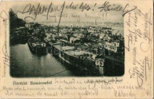 1899 Komárom, Komárnó; Téli kikötő jobb part, MFTR 663, 673 és Győr uszályok / winter port with barges