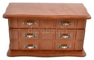 Fa, tükrös, fiókos ékszertartó szekrényke, jó állapotban, 9 db bizsuval