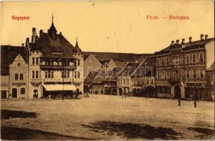 1917 Segesvár, Schässburg, Sighisoara; Fő tér, Friedrich Schuster gyógyszertára, Joh. Essigmann üzlete / main square, pharmacy, shops + "Betegápolási ügyben portómentes Cs. és Kir. Szükségtartalékkórház Segesvárt" (EK)