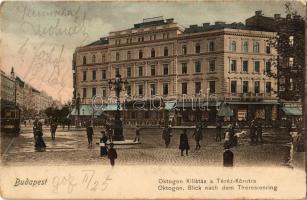 1907 Budapest VI. Oktogon, kilátás a Teréz körútra, Café Abbazia kávéház, villamos