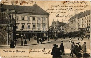 1904 Budapest V. Deák tér, villamos, Goldstein József üzlete. M. T. és F. I. Koch és Warga (lyuk / hole)