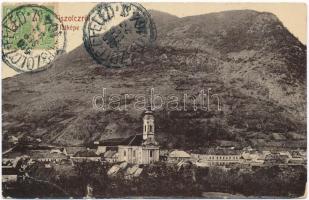 1910 Tiszolc, Tisovec; látkép, templom. W. L. Bp. Kohn Albert kiadása / general view with church + Tiszolcz-Feled 104. sz. vasúti mozgóposta bélyegző (szakadás / tear)